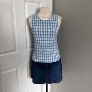 Y2K DRESSBARN BLUE AND WHITE‎ PLAID CRINKLE TOP
